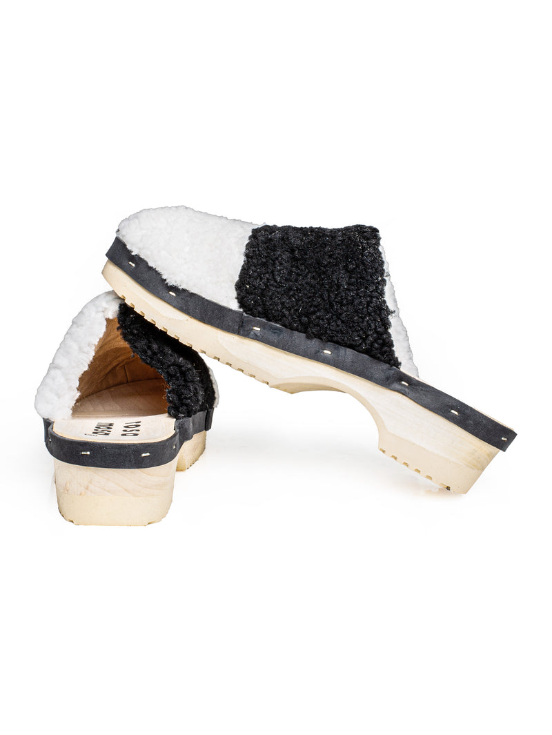 Panto Curly Patchwork Shearling Clog Nero Bianco