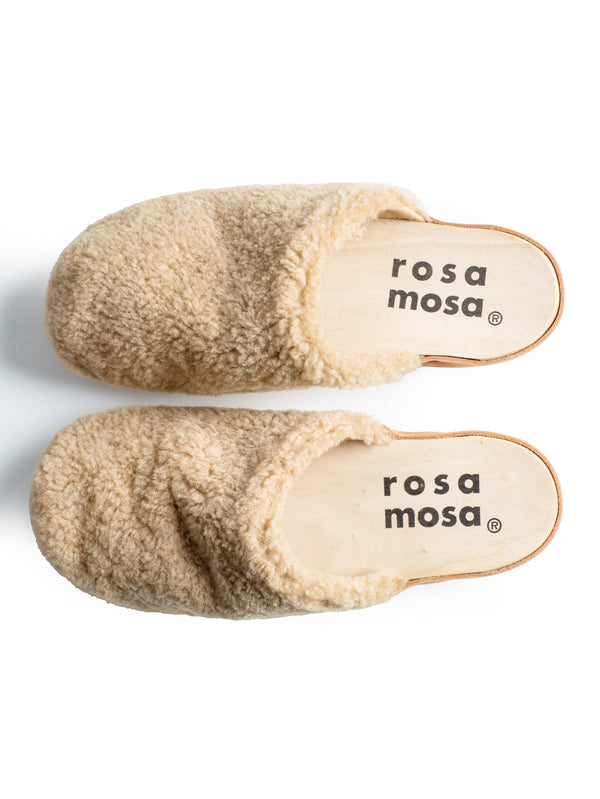 Panto Curly Natural Sole Shearling Clog Beige