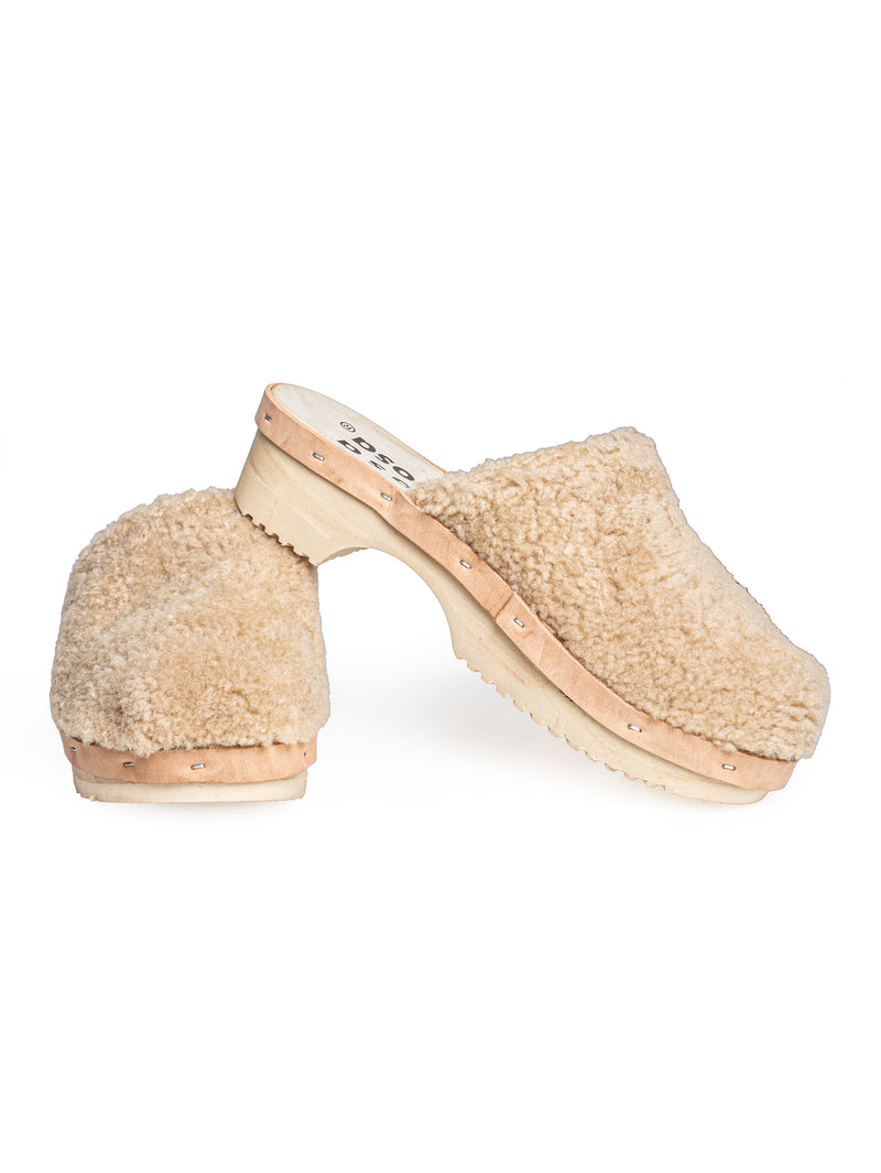 Panto Curly Natural Sole Shearling Clog Beige