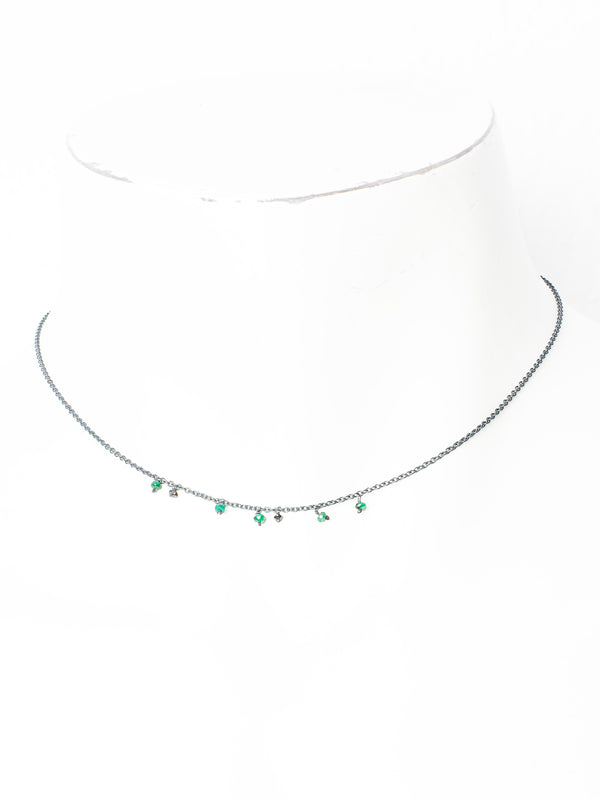 045.07 Silver Oxidized Emerald Green And Black Diamonds Necklace