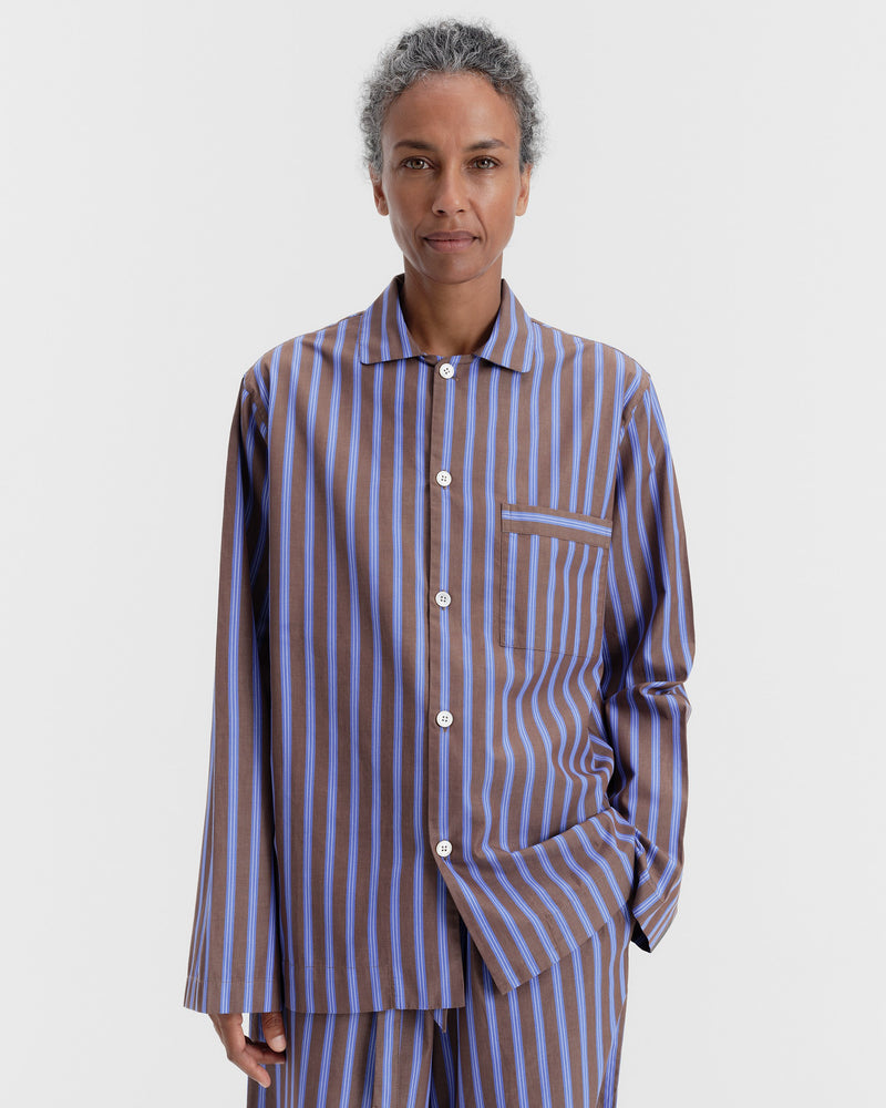 Tekla Poplin Pyjamas Long Shirt Chestnut Stripes – Opia