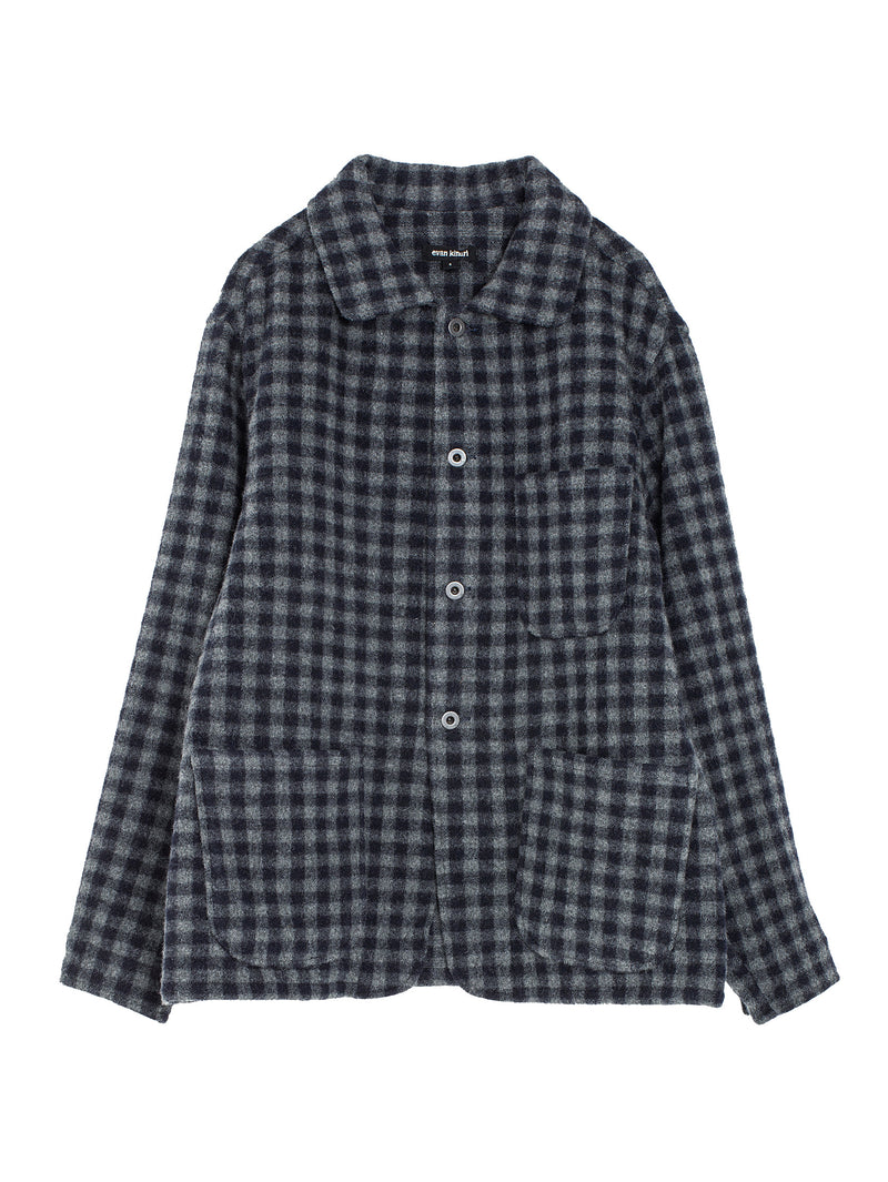 Three Pocket Jacket Brushed Cashmere Wool Check Navy Grey