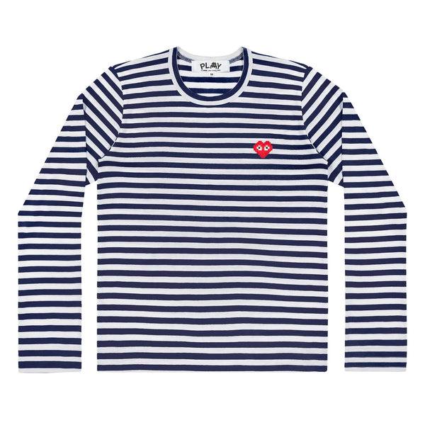 CDG Play Space Invader Mens Long Sleeve T Navy and White Striped