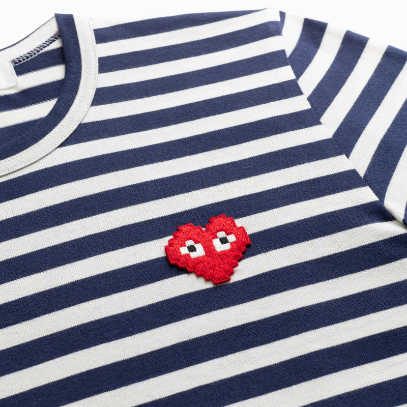 CDG Play Space Invader Mens Long Sleeve T Navy and White Striped
